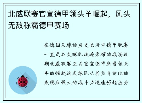 北威联赛官宣德甲领头羊崛起，风头无敌称霸德甲赛场