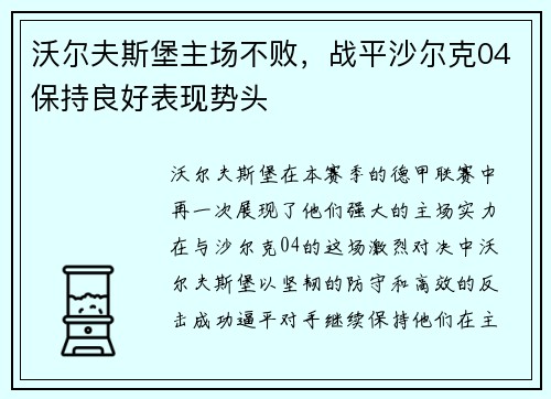 沃尔夫斯堡主场不败，战平沙尔克04保持良好表现势头